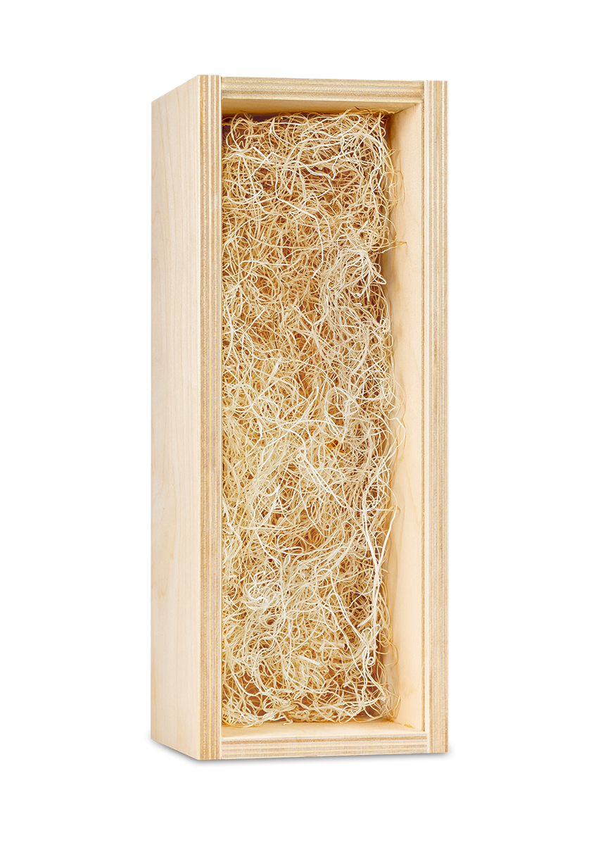 A light natural wood rectangular box with an open top, filled with fluffy pale tan packing or gift filler, shown on a plain white background.