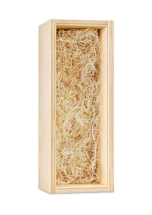 A light natural wood rectangular box with an open top, filled with fluffy pale tan packing or gift filler, shown on a plain white background.