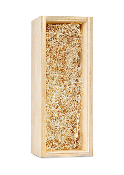 A light natural wood rectangular box with an open top, filled with fluffy pale tan packing or gift filler, shown on a plain white background.