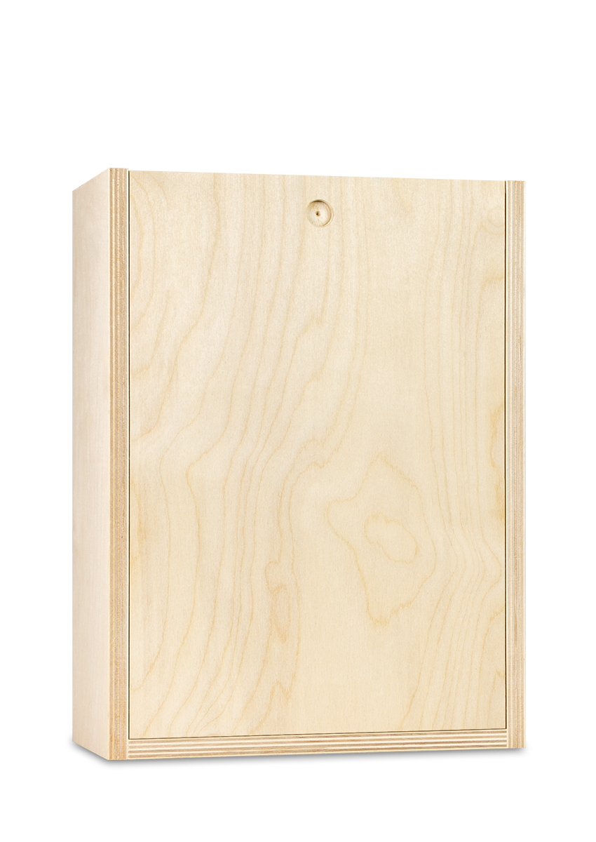 A tall, rectangular unfinished 2-bottle wooden box made of light natural plywood with visible wood grain